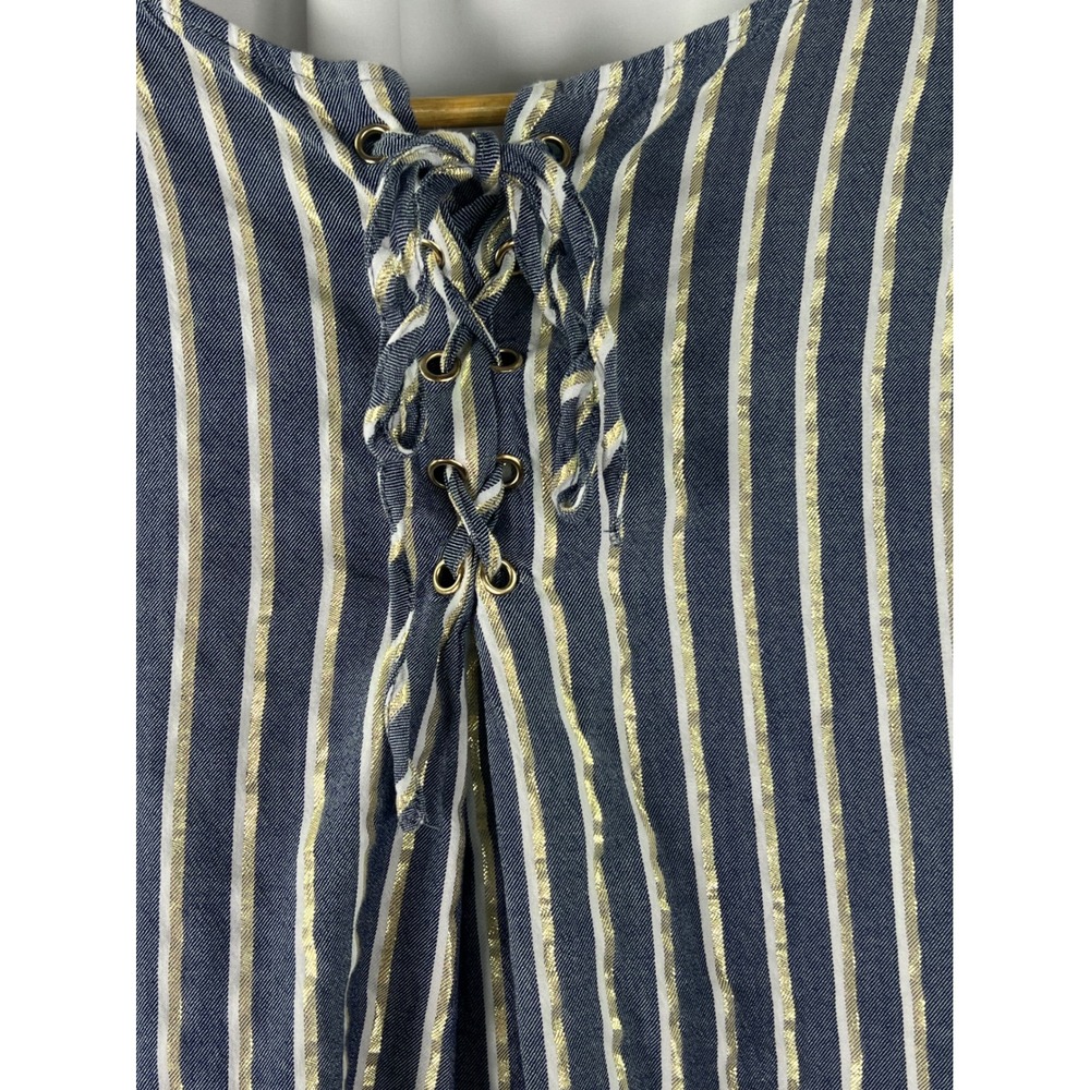 Zac & Rachel Woman Navy Gold Metallic Striped Lace Up Back Sleeveless Top 2X - Picture 3 of 13